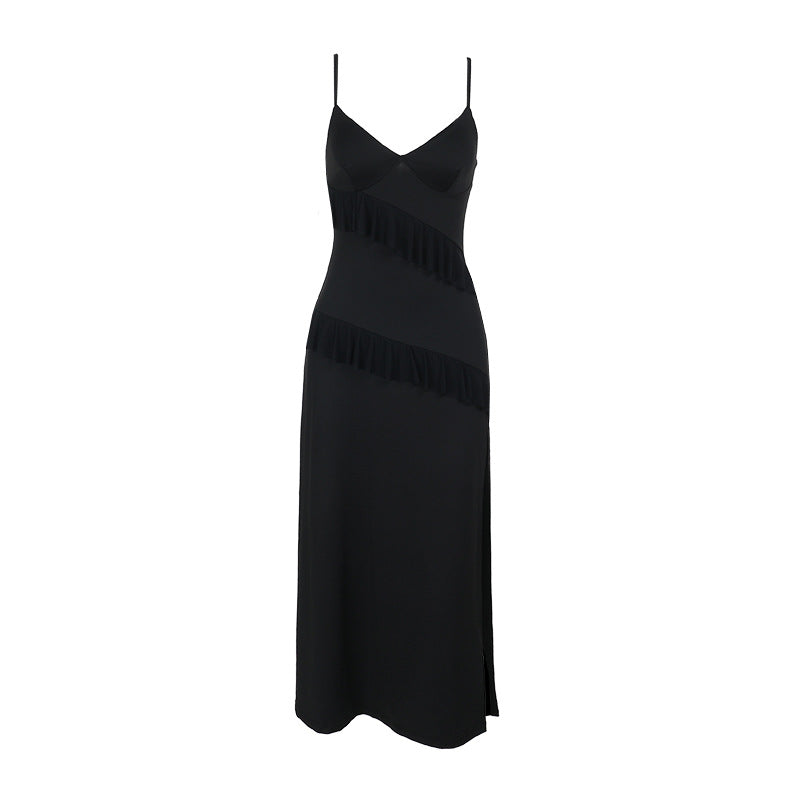 Damen elegantes Wickelkleid mit Rüschen und hohem Schlitz EB