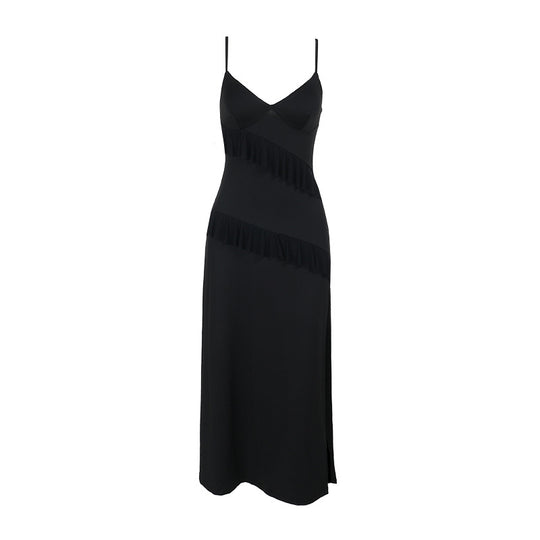Damen Elegantes Maxikleid mit verspielten Rüschendetails und tiefem Schlitz EB