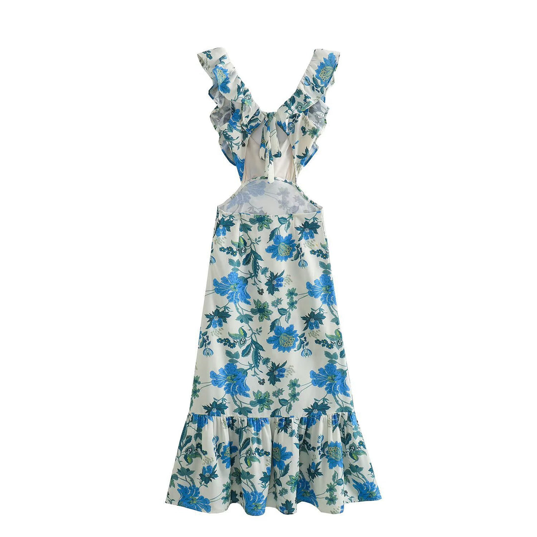 Damen Maxikleid mit voluminösem Rüschensaum und tiefem V-Ausschnitt EB