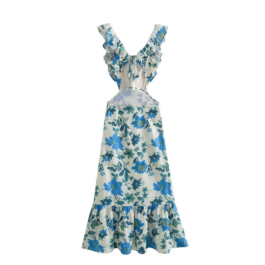 Damen Maxikleid mit voluminösem Rüschensaum und tiefem V-Ausschnitt EB