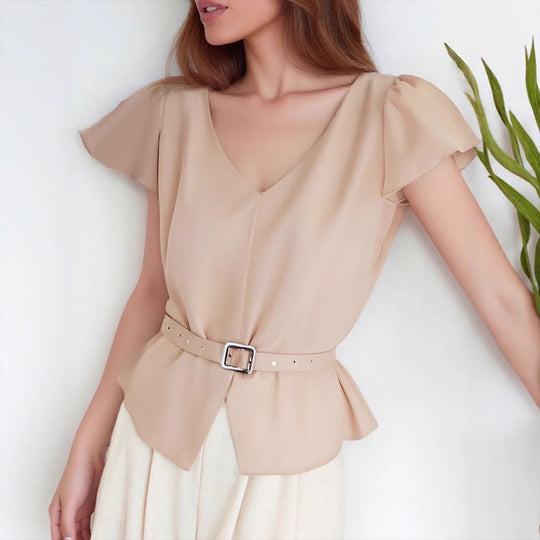 Damen Blusenshirt mit Taillengürtel und elegantem V-Ausschnitt EB