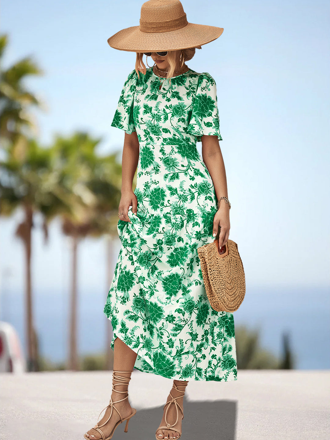 Damen Maxikleid mit floralem Print und eleganter Raffung EB