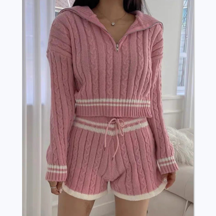 Damen Cropped Strickpullover mit hohem Kragen und Shorts im Set EB