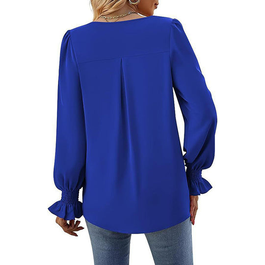 Damen fließende V-Ausschnitt Bluse mit eleganten Puffärmeln EB