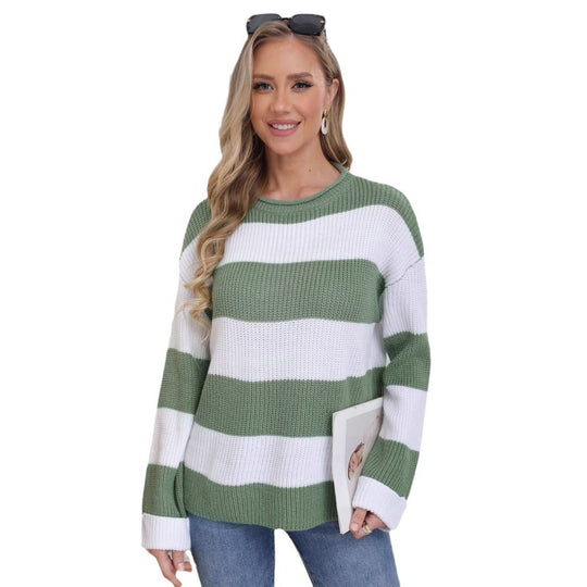 Damen lässiger Strickpullover mit breiten Streifen und lockerer Passform EB