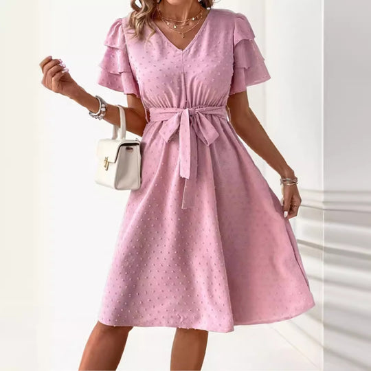 Damen Midi-Kleid mit schickem V-Ausschnitt und voluminösen Rüschensäumen EB