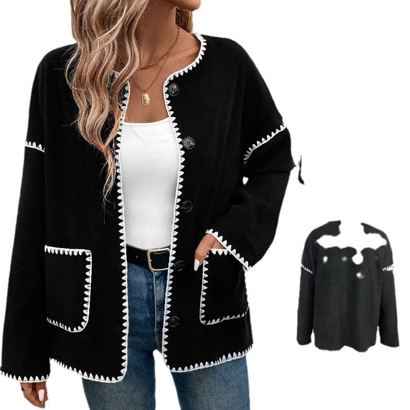 Damen modische Strickjacke mit dekorativem Kontrastbesatz und großen Taschen EB