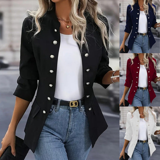 Damen nan taillierter Longblazer mit Stehkragen, dekorativer Metallknopfleiste und 3/4-Ärmeln EB