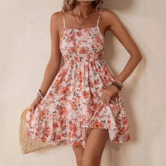 Damen Blumenkleid mit Spaghetti-Trägern und Rüschensaum EB