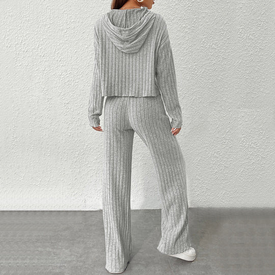 Damen geripptes Lounge-Set mit Kapuzenpullover und weiter Highwaist-Hose Eichborn Berlin