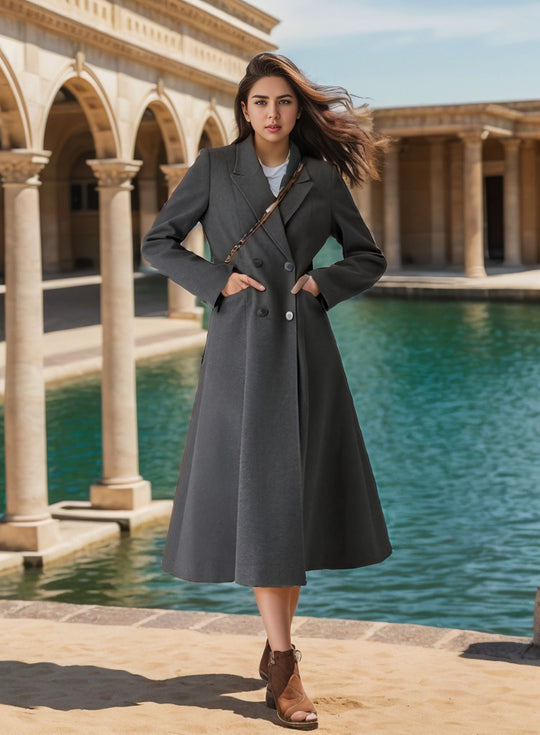 Damen eleganter Langmantel mit doppelter Knopfreihe und seitlichen Eingrifftaschen EB