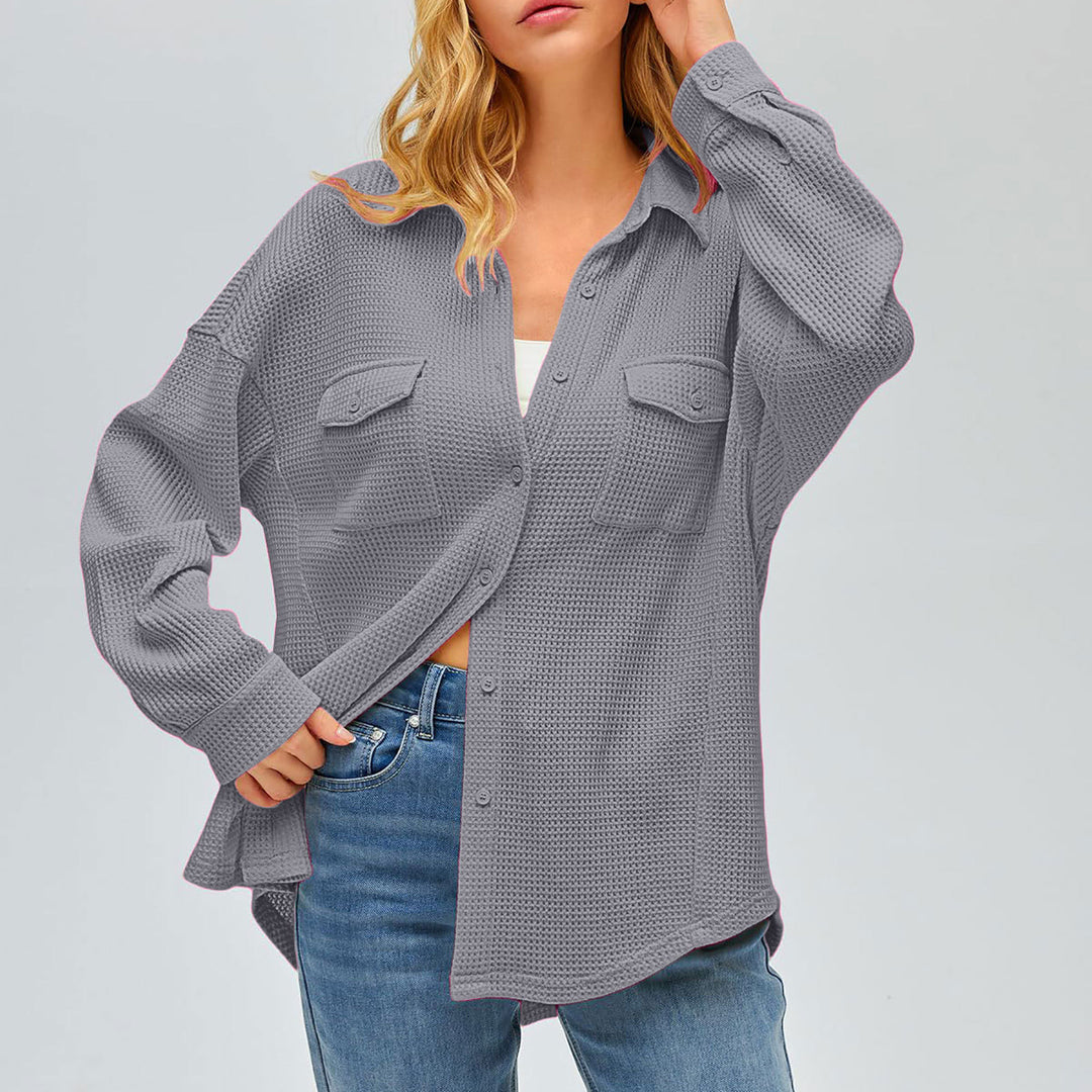 Damen nan oversized Waffelstrick Hemdjacke mit Brusttaschen und Knopfleiste EB