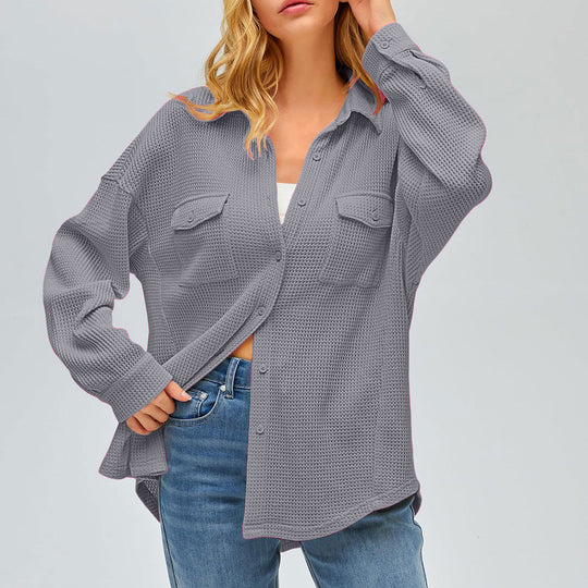 Damen nan oversized Waffelstrick Hemdjacke mit Brusttaschen und Knopfleiste EB