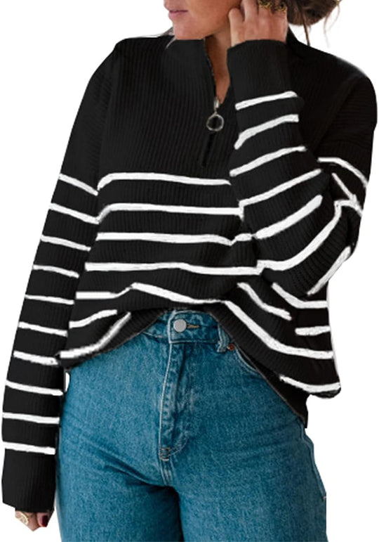 Damen lässiger Pullover mit kurzem Reißverschluss und Streifenmuster EB