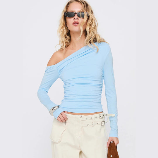 Damen Off-Shoulder Raffungsshirt mit langen Ärmeln und elegantem Design EB