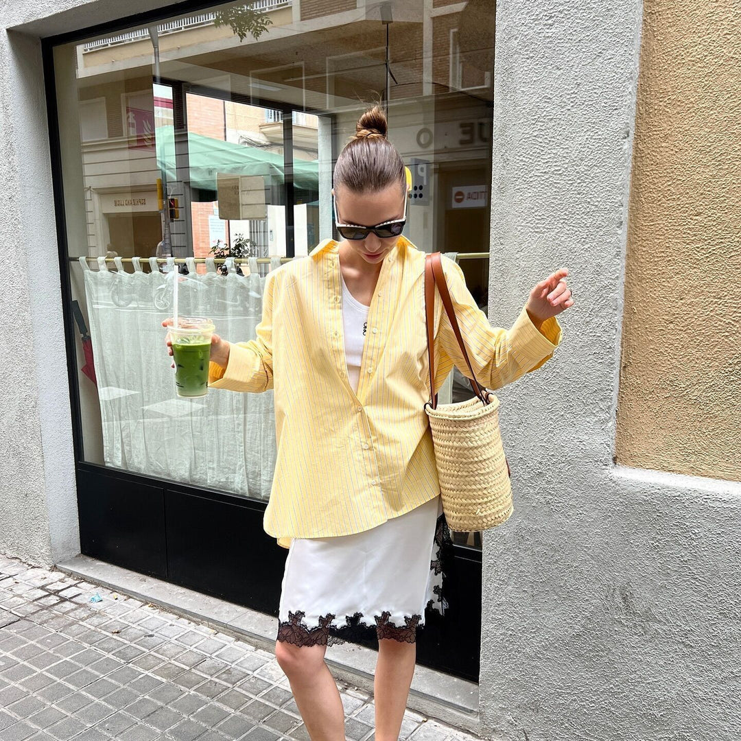 Damen nan lockere Oversize-Hemdbluse mit klassischem Kragen, durchgehender Knopfleiste und abgerundetem Saum EB