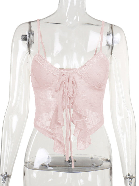 Damen Spitzen Elemente Crop-Top mit Rüschendetails EB