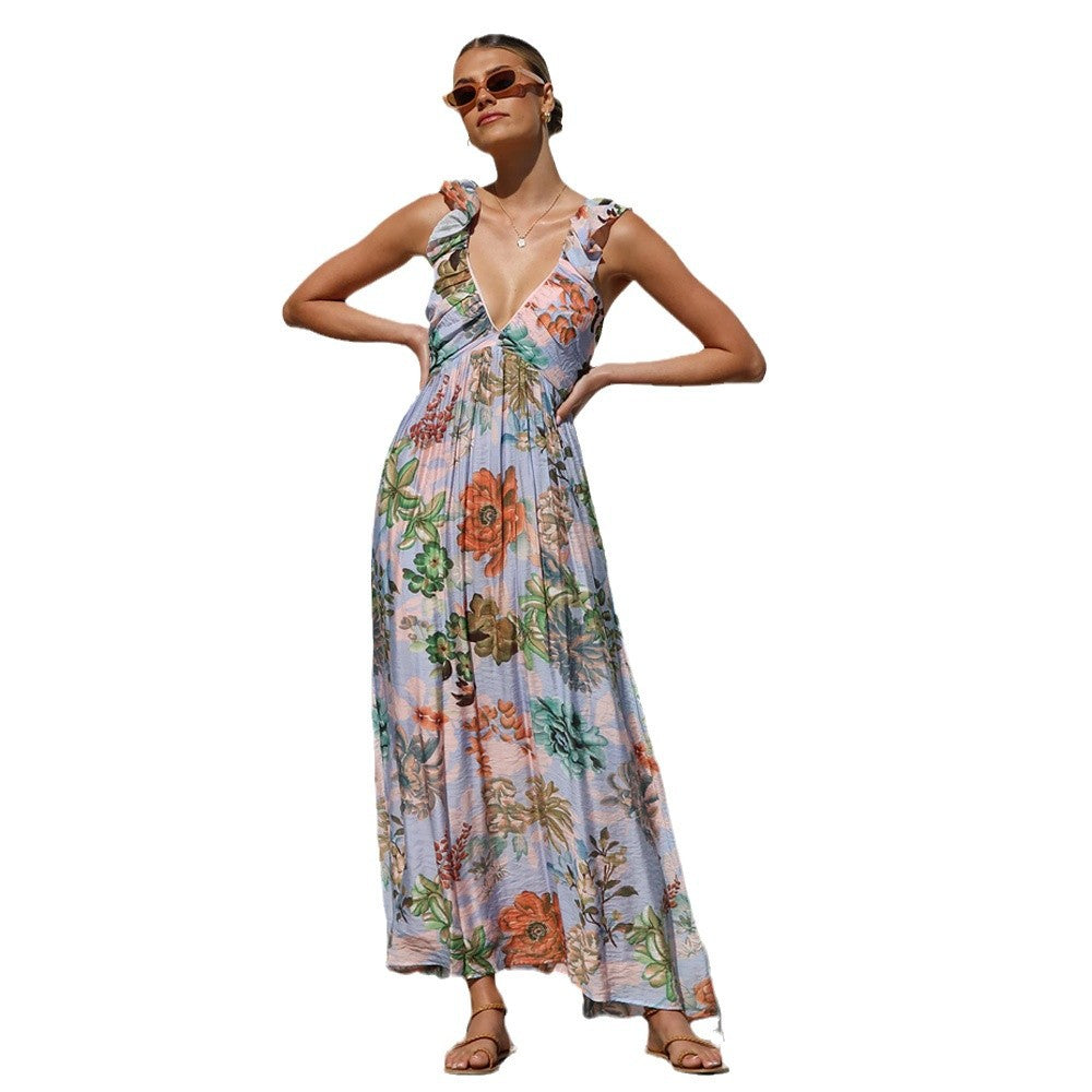 Damen Maxikleid mit Volantärmel und floralem Design EB