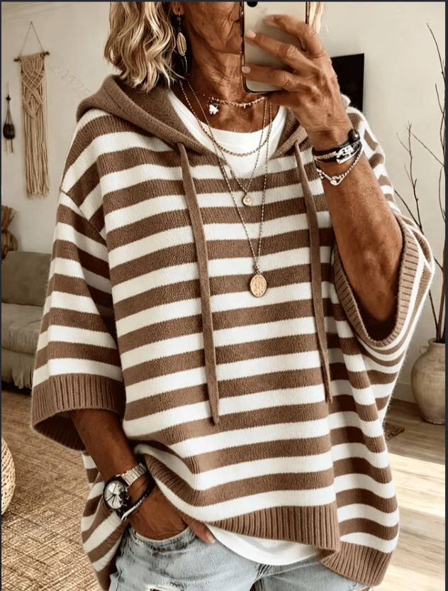 Damen nan Oversize Strickponcho mit Kapuze und kurzen Ärmeln EB