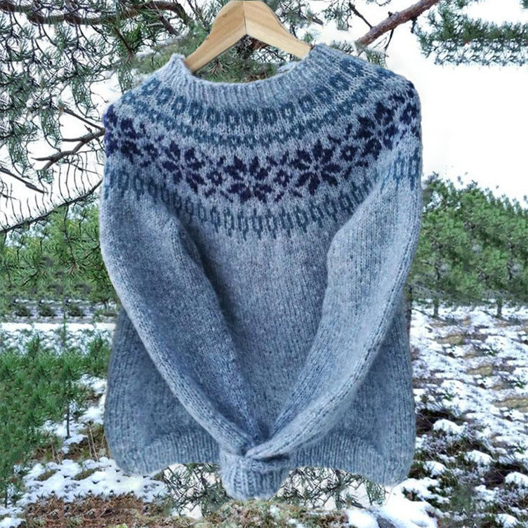 Damen nan melierter Rundhalsausschnittpullover mit kreisförmigem Jacquard-Yoke und geripptem Saum EB