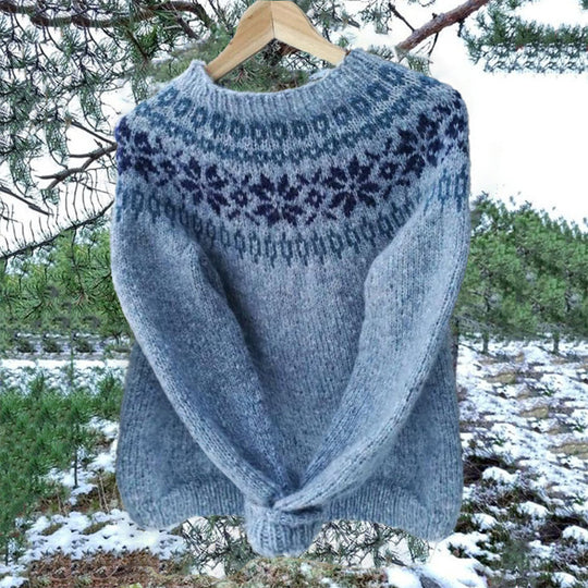 Damen nan melierter Rundhalsausschnittpullover mit kreisförmigem Jacquard-Yoke und geripptem Saum EB