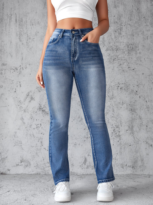 Damen High-Waist Stretch-Jeans mit geschnittenem Saum EB