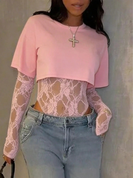 Damen Bodyshirt mit transparenten Spitzenärmeln und lässigem Schnitt EB