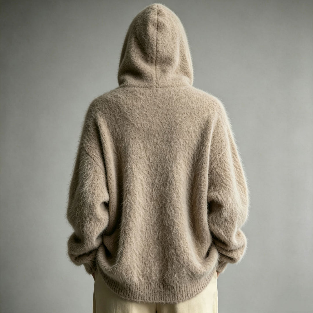 Damen Flauschiger Kapuzen-Cardigan im Mohair-Look mit Knopfleiste EB