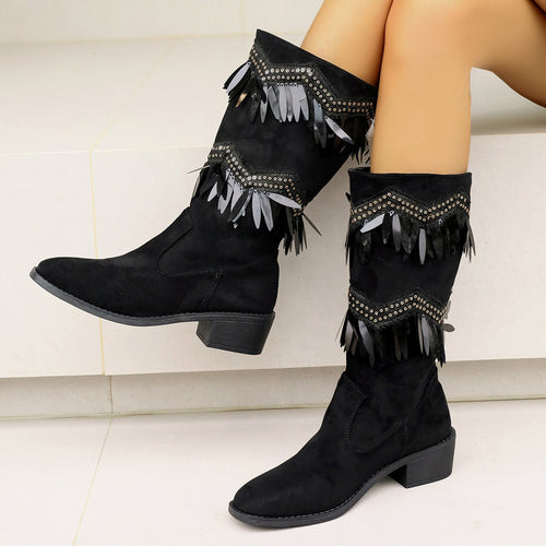 Damen Stiefel mit modischen Fransen und Glitzerdetails EB