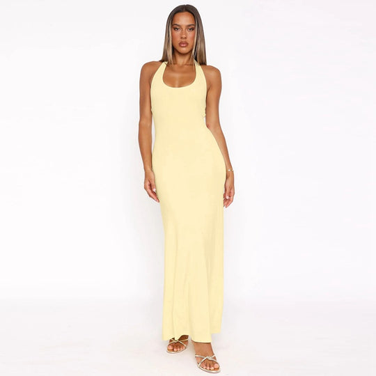 Damen Elegantes Maxikleid mit tiefem Rundhalsausschnitt und figurbetonter Passform EB