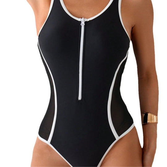 Damen Fashion-Badeanzug mit Reißverschluss und Mesh-Einsätzen EB
