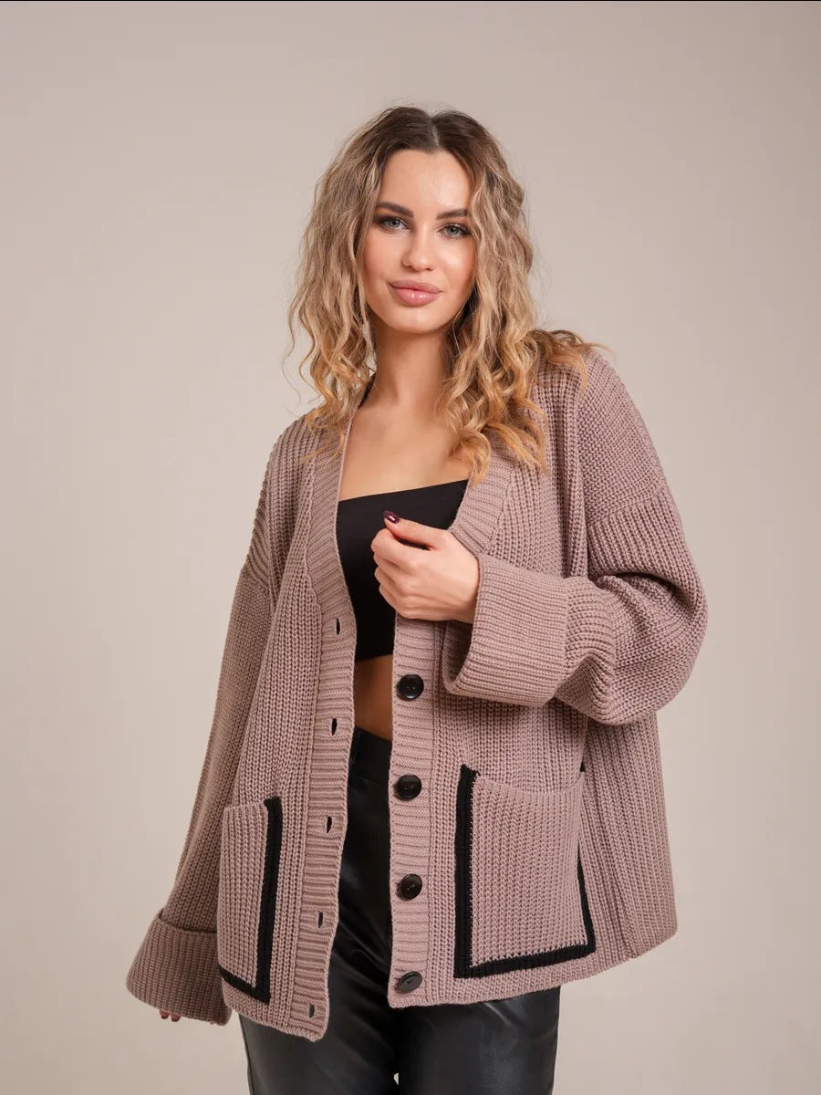 Damen Strickjacke mit großem Kragen und Taschen EB