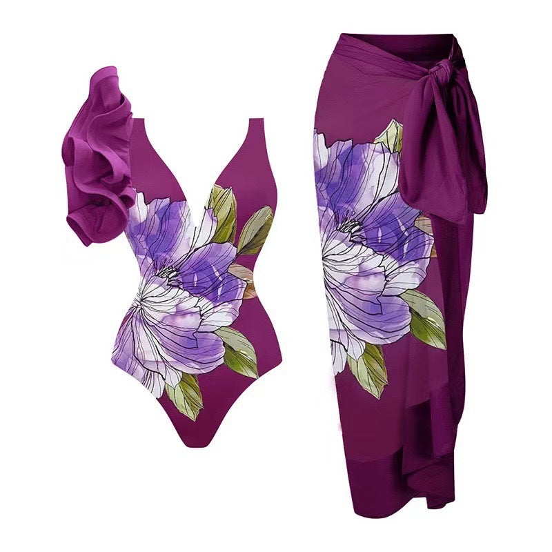 Damen Badeanzug-Set mit floralem Design und elegantem Wickelrock EB