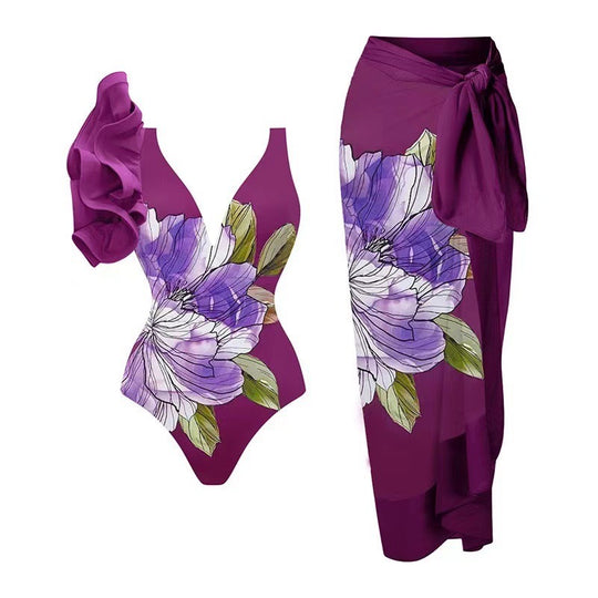 Damen Badeanzug-Set mit floralem Design und elegantem Wickelrock EB