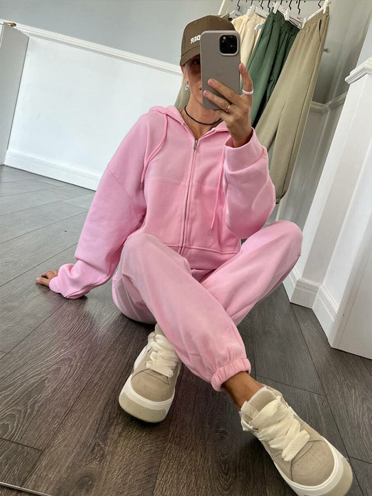 Damen sportliches Fleece-Jogginganzug mit praktischer Kapuze und elastischem Bund EB