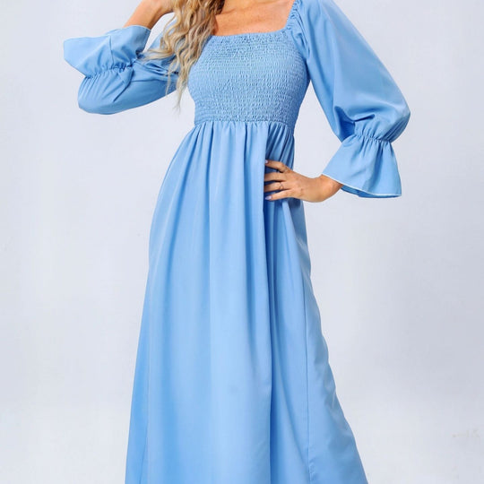 Damen Maxikleid mit elastischem Oberteil und voluminösen Ärmeln EB