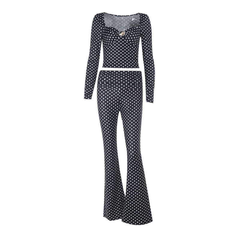 Damen figurbetonter Jumpsuit mit langen Ärmeln und Polka-Dot Muster EB