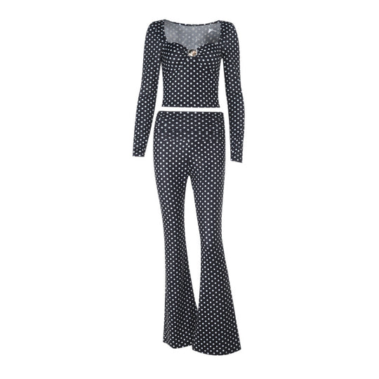 Damen figurbetonter Jumpsuit mit langen Ärmeln und Polka-Dot Muster EB