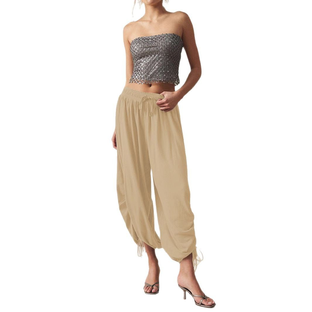 Damen Lockere Haremshose mit elastischem Bund und Kordelzug EB