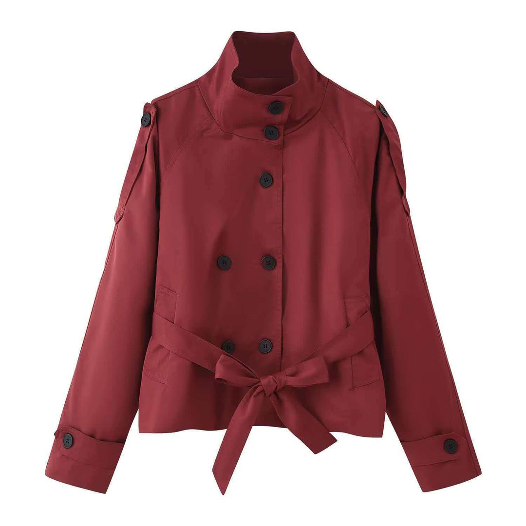 Damen nan kurztaillierte Trenchjacke mit hohem Stehkragen, doppeltreihiger Knopfleiste und taillierbarem Bindegürtel EB