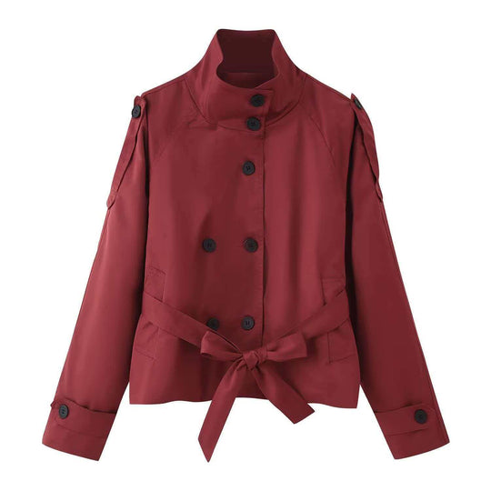 Damen nan kurztaillierte Trenchjacke mit hohem Stehkragen, doppeltreihiger Knopfleiste und taillierbarem Bindegürtel EB