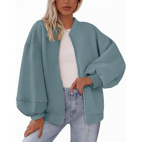 Damen lässige Oversized-Jacke mit Reißverschluss und ballonen Ärmeln EB