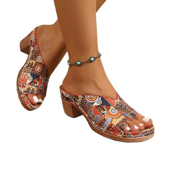 Damen Plateau-Pantoletten mit buntem, bohemian-inspiriertem Design EB