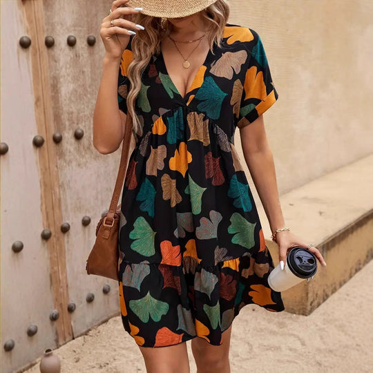 Damen lässiges Freizeitkleid im Boho-Stil mit voluminösem Rock und elastischem Tailleneinsatz EB
