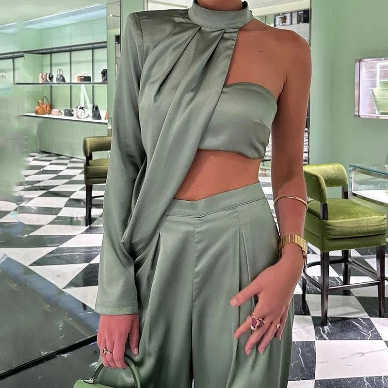 Damen Elegantes Zweiteiliges Set mit asymmetrischem Oberteil und weit geschnittener Hose EB