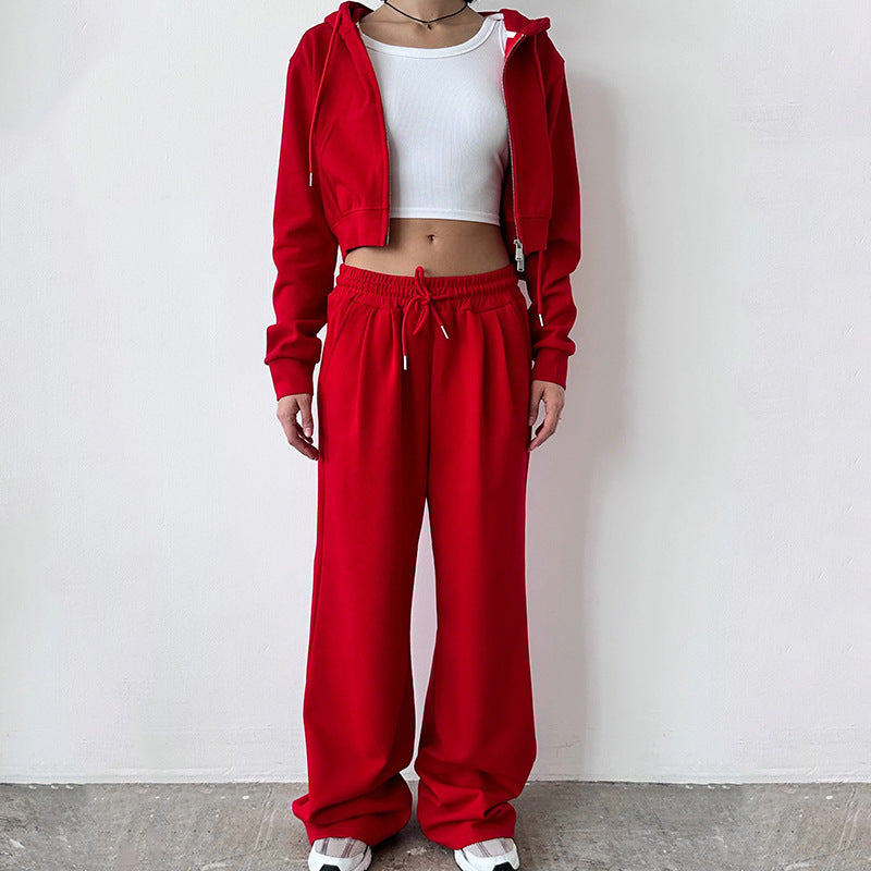 Damen kurzes Zip-Kapuzenjacken- und High-Waist Wide-Leg Jogginghose Set aus weichem French Terry EB