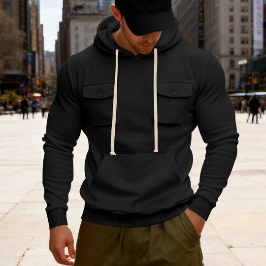 Herren Kapuzenpullover mit Brustklappentasche, Kängurutasche & Rippbündchen EB