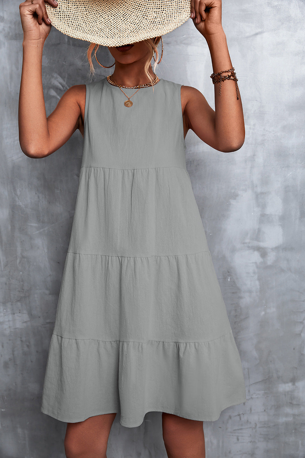 Damen Sommerliches A-Linien Kleid mit voluminösem Rock und ärmellosem Design EB