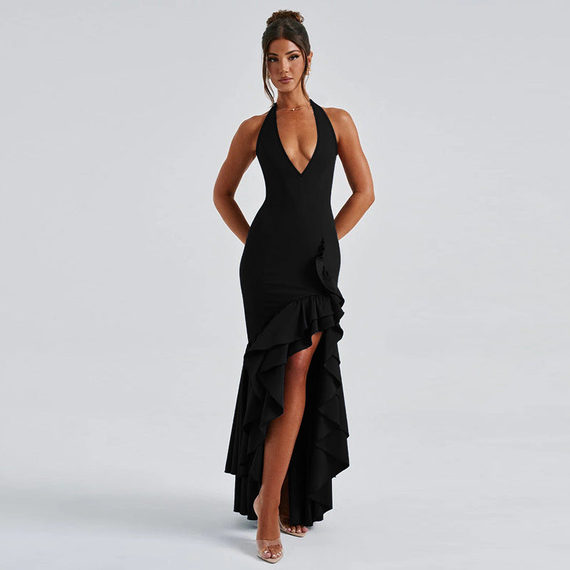 Damen Elegant geschnittenes Abendkleid mit tiefem V-Ausschnitt und Rüschendetails EB
