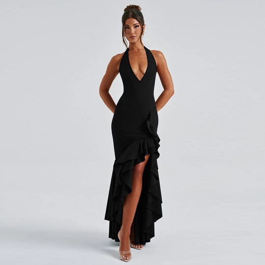 Damen Elegant geschnittenes Abendkleid mit tiefem V-Ausschnitt und Rüschendetails EB